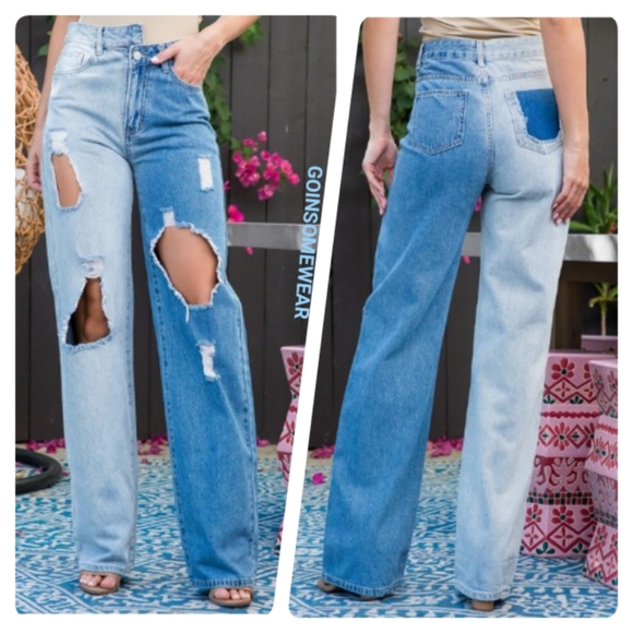 Goin Some Wear Pants - GSW Women's Blue Ripped Distressed Contrast Colorblock Jeans